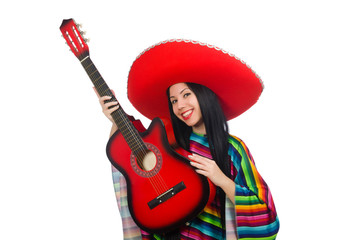 Woman mexican guitar player on white