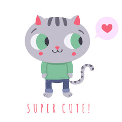 Super cute gray cat in jeans and sweater with speech bubble and heart illustration (card and background)