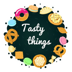 Vector food background and card with pastries, sweets, pasta and dumplings (on a dark green background)