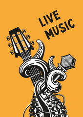 live music. Rock poster with a guitar, microphone and tentacles.