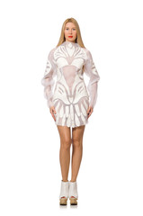 Woman wearing white dress isolated on white