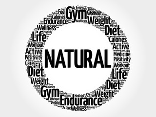 NATURAL circle stamp word cloud, fitness, sport, health concept