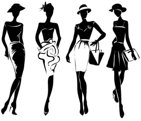 Black and white retro fashion models in sketch style