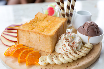 Chocolate Honey Toast with Ice Cream and fruit
