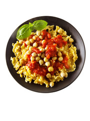 Vegetarian Pasta with Tomato sauce and Chickpeas.  Isolated on w