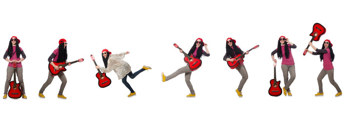 Hipste guitar player isolated on white