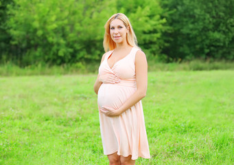 Naklejka na ściany i meble Beautiful smiling pregnant woman in dress on nature