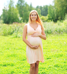 Fototapeta na wymiar Beautiful smiling young pregnant woman in dress on nature