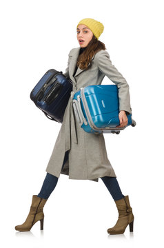 Woman with suitcase ready for winter vacation