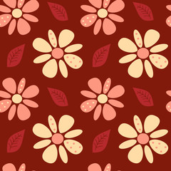 cute lovely abstract daisy flowers on red background seamless vector pattern illustration