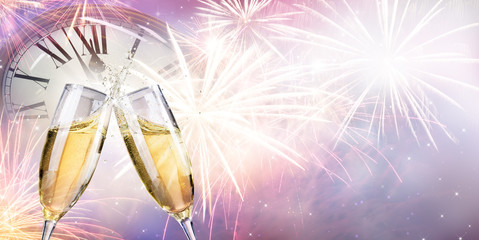 Toast With Fireworks And Champagne At Midnight

