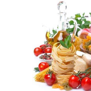 Italian pasta nest, cherry tomatoes, spices, olive oil, isolated