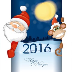 santa claus and funny monkey with 2016