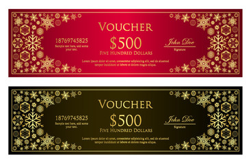 Luxury red and black Christmas voucher with golden snowflakes