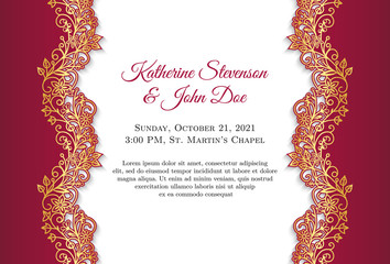 Classical wedding invitation with golden ornament and red border