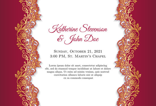 Classical wedding invitation with golden ornament and red border - Powered by Adobe