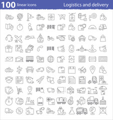 One hundred linear icons for transportation, logistics and deliv
