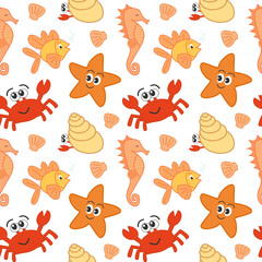 cartoon sea life colorful seamless vector pattern background illustration