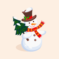 Cheerful Snowman holding a Christmas Tree. Vector Illustration