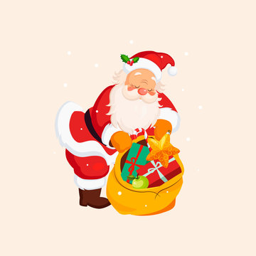 Santa Claus holding a Sack with Toys. Vector Illustration