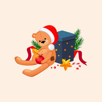 Cute Teddy Bear in a Christmas Hat Sitting near Gift. Vector Illustration