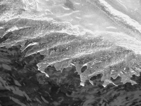 black and white photo of the edge of ice of interesting shape