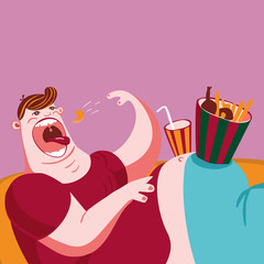 Obraz na płótnie Canvas Couch potato eating snacks. Cartoon character.