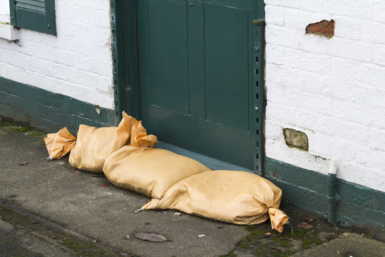 Sandbags At The Door For Flood Protection