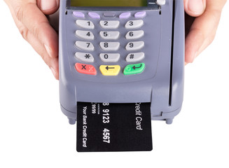 Hand Holding Credit Card Machine Isolated On White Background