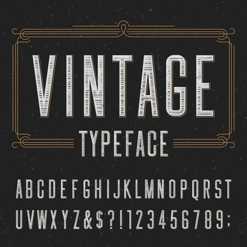 Vintage typeface with scratched overlay texture. Type letters, numbers and symbols on a dark background. Alphabet vector font for labels, headlines, posters etc.