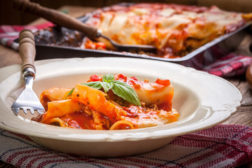 Lasagna with beef . Italian cuisine.