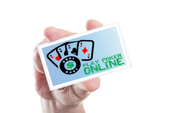 Hand holding play poker online card with four aces