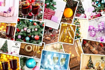 Christmas collage with photos of spruce, champagne, mulled wine, orange, bokeh and decorations