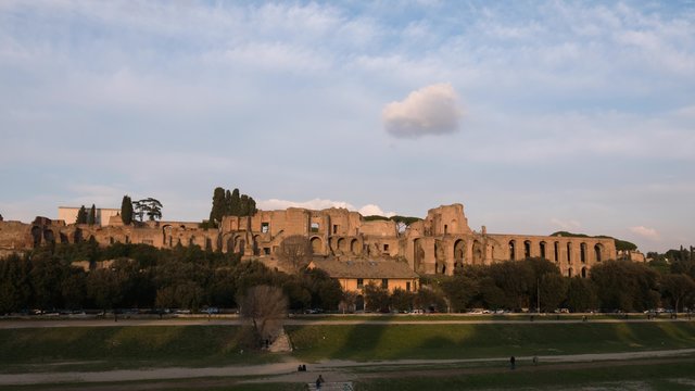 Ruins of Palatine hill palace in Rome, Italy. SunSet. TimeLapse. 4K
