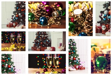 Christmas collage with photos of spruce, champagne and decorations