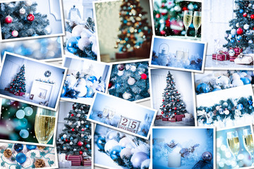 Christmas collage with photos of spruce, champagne and decorations