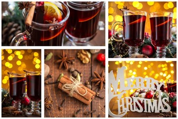 Christmas collage with photos of spruce, champagne, mulled wine, orange, bokeh and decorations