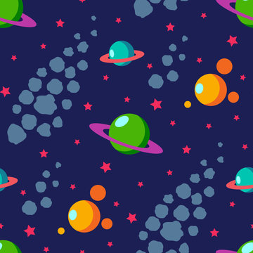 Seamless space pattern with planets, stars, asteroids 
