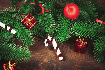 Christmas Decoration Over Wooden Background. Vintage