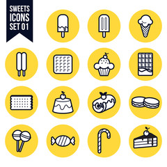 Sweet candy dessert flat thin line icons set vector