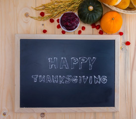 Happy Thanksgiving word cloud on a vintage slate blackboard.