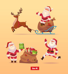 Funny santa set . Christmas greeting card background poster. Vector illustration