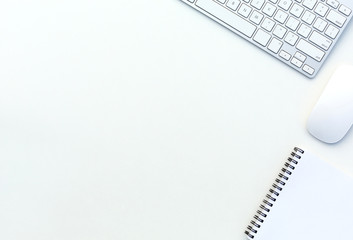 Office White Desk Top View with Business and Every Day Life Items and Electronics
Image of White Office Table with Computer Keyboard Mouse and Paper Notepad Top View