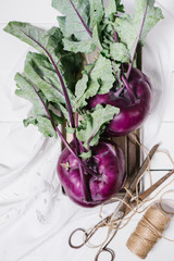 Kohlrabi cabbage with leaves on a metal plate with a pair of scissors on a white textile on a wooden background top view
