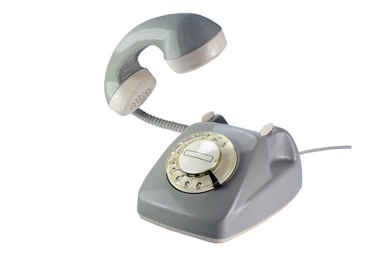 gray rotary dial phone with flying telephone receiver isolated o