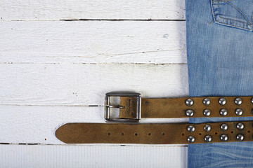 Planks, blue jeans and belt