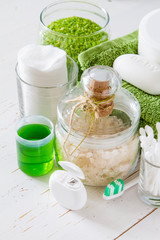 Hygiene essentials on white background