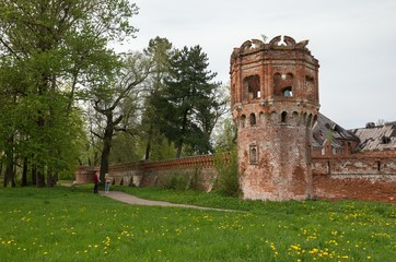 Wall and tower of Feodorovsky settlement. Tsarskoye Selo (Pushkin), St. Petersburg, Russia