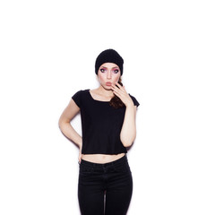 Surprised woman in black clothes having fun