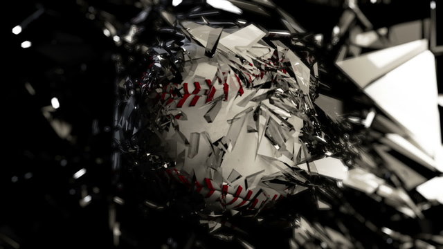 Baseball Breaking Glass Animation. a baseball breaks through a glass pane in slow motion. shattering it into pieces. shallow depth of field.
